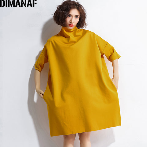 DIMANAF Autumn Dresses Women Turtleneck Cotton Knitting Femme Clothes Elegant Solid Vestidos Plus Size Fashion Ladies Dress 2019