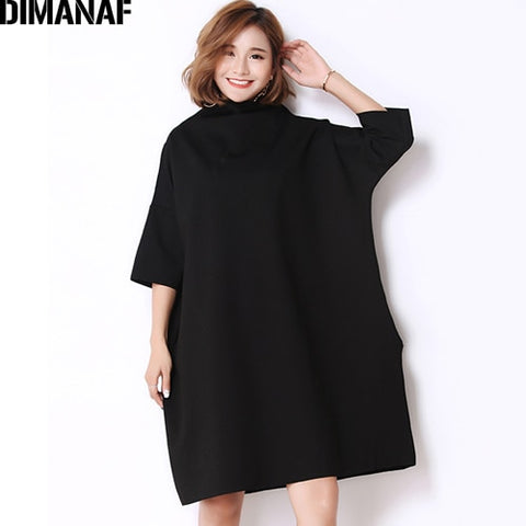 DIMANAF Autumn Dresses Women Turtleneck Cotton Knitting Femme Clothes Elegant Solid Vestidos Plus Size Fashion Ladies Dress 2019