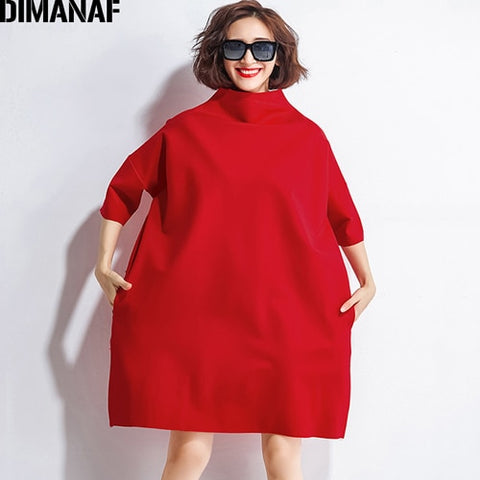 DIMANAF Autumn Dresses Women Turtleneck Cotton Knitting Femme Clothes Elegant Solid Vestidos Plus Size Fashion Ladies Dress 2019