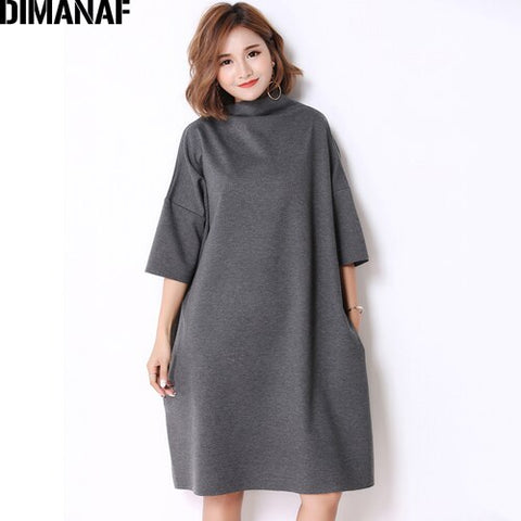 DIMANAF Autumn Dresses Women Turtleneck Cotton Knitting Femme Clothes Elegant Solid Vestidos Plus Size Fashion Ladies Dress 2019