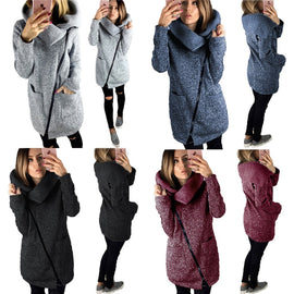 Autumn Winter Women Jacket Solid Color Long Sleeve Coat Diagonal Zipper Turndown Collar Lady Casual Outwear Plus Size S-5XL