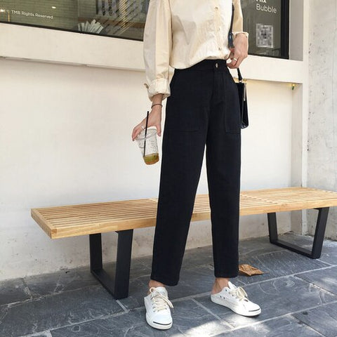 Jeans Women Elastic High Waist Big Pockets Loose Casual Womens Wide Leg Trousers Students Denim Fashion New Style All-match Chic