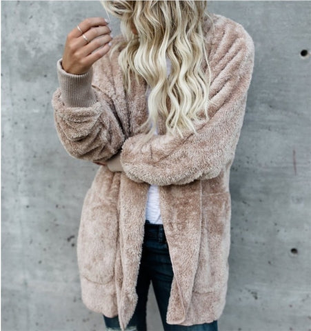 S-5XL Faux Fur Teddy Bear Coat Jacket Women Fashion Open Stitch Winter Hooded Coat Female Long Sleeve Fuzzy Jacket 2018 Hot New