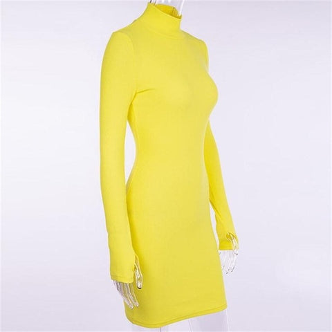 InstaHot Turtleneck Long Sleeve Skinny Mini Dress Women Autumn Sexy Sporting Style Dresses 4 Color Bodycon Slim Yellow Clubwear