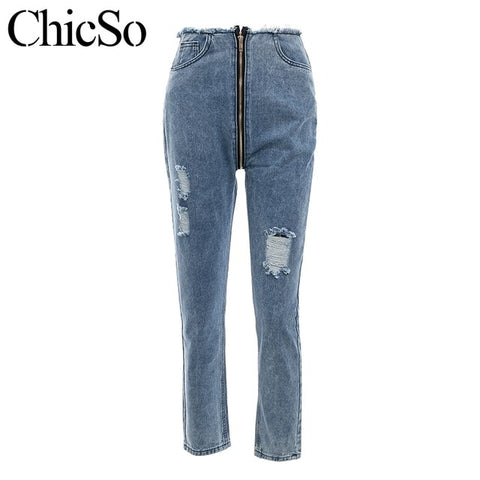 MissyChilli Sexy long back zipper jeans Women ripped high waist jeans denim pants Autumn winter casual streetwear jeans female