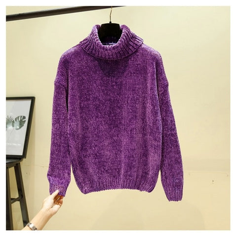 Chic Vintage chenille Cashmere Womens Full sleeve Gold velvet Sweaters Winter Ladies Solid Turtleneck Loose female jumpers 2019