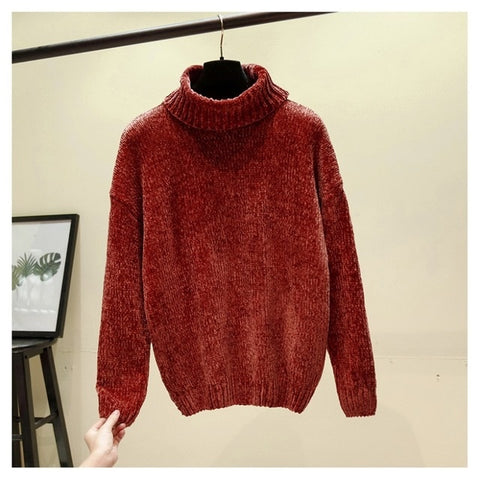 Chic Vintage chenille Cashmere Womens Full sleeve Gold velvet Sweaters Winter Ladies Solid Turtleneck Loose female jumpers 2019