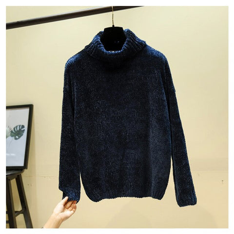 Chic Vintage chenille Cashmere Womens Full sleeve Gold velvet Sweaters Winter Ladies Solid Turtleneck Loose female jumpers 2019