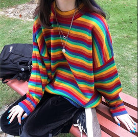 Female Korean Harajuku Hong Kong-flavored Loose Striped Sweater Women's Sweaters Japanese Kawaii Ulzzang Clothing For Women