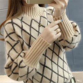 2019 new arrival women's spring autumn Diamond lattice turtleneck knitted sweaters women casual pulllovers sweater