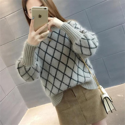 2019 new arrival women's spring autumn Diamond lattice turtleneck knitted sweaters women casual pulllovers sweater