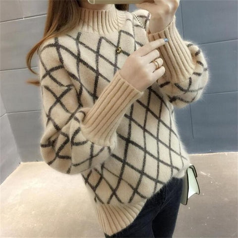 2019 new arrival women's spring autumn Diamond lattice turtleneck knitted sweaters women casual pulllovers sweater