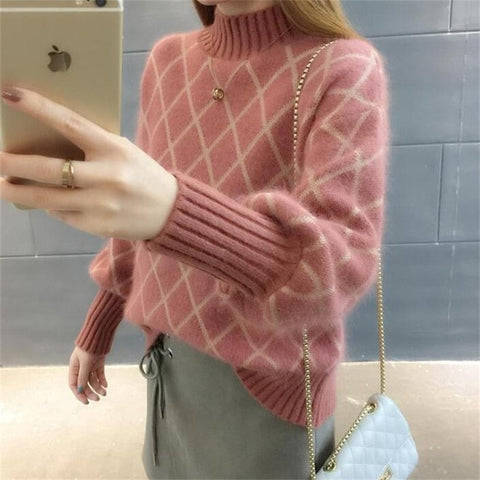 2019 new arrival women's spring autumn Diamond lattice turtleneck knitted sweaters women casual pulllovers sweater