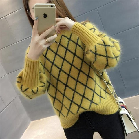 2019 new arrival women's spring autumn Diamond lattice turtleneck knitted sweaters women casual pulllovers sweater