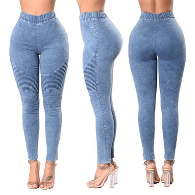 Autumn Winter Fitness Skinny Denim Jeans Women Casual Pencil Pants Pleated Stretch Elastic Waist Jean Bodycon Trousers S-XXL