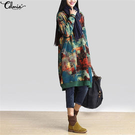 Celmia Women Casual Hoodie Dress Autumn Vintage Printed Hoodies Sweatshirt Jumpers Long Top Vestidos de Festa Plus Size S-5XL