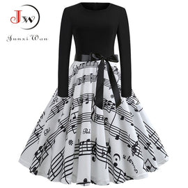 Music Note Print Elegant Party Dress Women 50s 60s Retro Vintage Robe Rockabilly Dresses Plus Size Casual Winter Midi Dresses