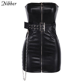 Nibber women spring goth style black PU leather zipper dress 2019 new fashion Metal chain decoration Punk girl sleeveless dress