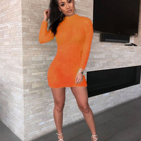 BOOFEENAA Neon Pink Sexy Bodycon Dress Women High Collar Long Sleeve Mini Sweater Dresses 2019 Party Club Dress Vestidos C77-I67