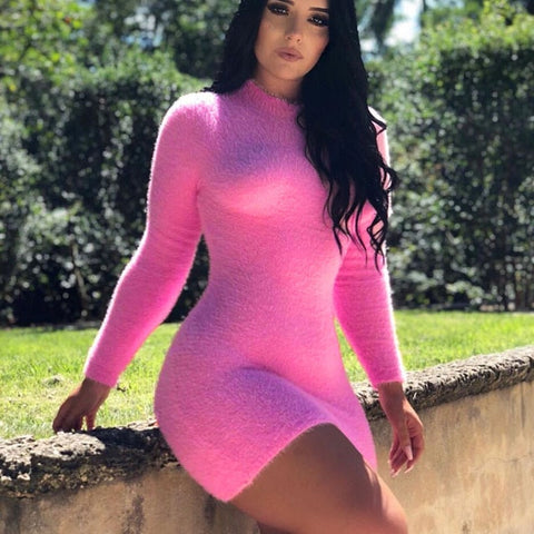 BOOFEENAA Neon Pink Sexy Bodycon Dress Women High Collar Long Sleeve Mini Sweater Dresses 2019 Party Club Dress Vestidos C77-I67