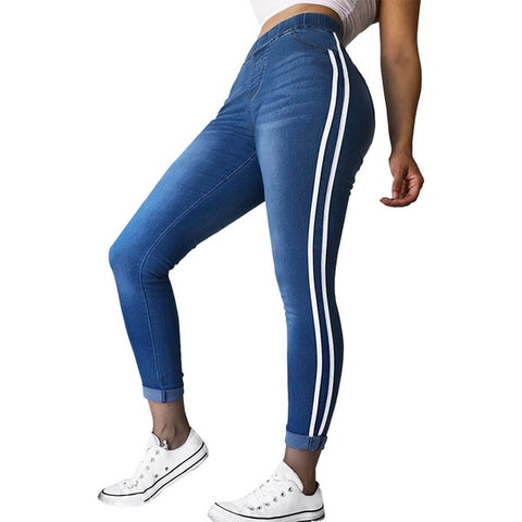 Puimentiua 2019 Women Elastic Waist Stretch Jeans Casual Side Stripe Denim Skinny Pants Slim Fit Leggings Trouser Plus Size 4XL