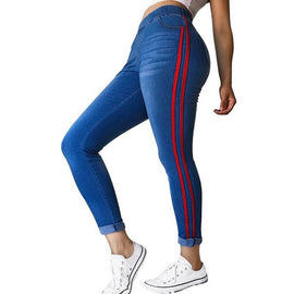 Puimentiua 2019 Women Elastic Waist Stretch Jeans Casual Side Stripe Denim Skinny Pants Slim Fit Leggings Trouser Plus Size 4XL