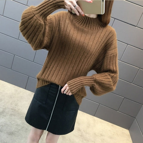 Lantern Sleeve Turtleneck Sweater Women Pullover Knitted Womens Sweaters Jumpers Ladies Sweater Female Winter Tops Truien Dames