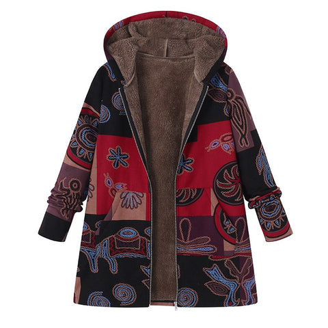 ZANZEA 2019 Casual Fashion Winter Hooded Long Sleeve Fluffy Warm Coat Women Plus Size L 5XL Retro Ethnic Printed Fur Outerwear