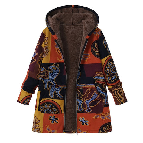 ZANZEA 2019 Casual Fashion Winter Hooded Long Sleeve Fluffy Warm Coat Women Plus Size L 5XL Retro Ethnic Printed Fur Outerwear