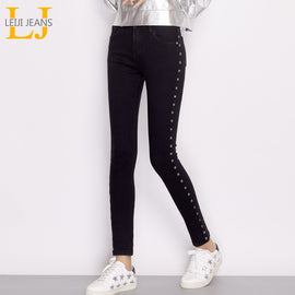 LEIJIJEAS Spring And Summer Plus Size Side Stripe Rivet Solid Black Mid Waist Full Length Skinny Pencil Women Stretch Jeans