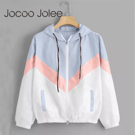 Jocoo Jolee Fashion Hooded Windbreaker Jacket Patchwork Jackets Women Color Block Zipper Jacket 2018 Fall Casual Coats Outerwear