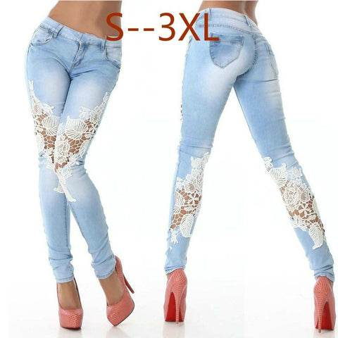 Zogaa Casual 2019 Hot Sale Lace Floral Side Spliced Stretch Denim Trousers Hollow Out Slim Pencil Pants Women Jeans