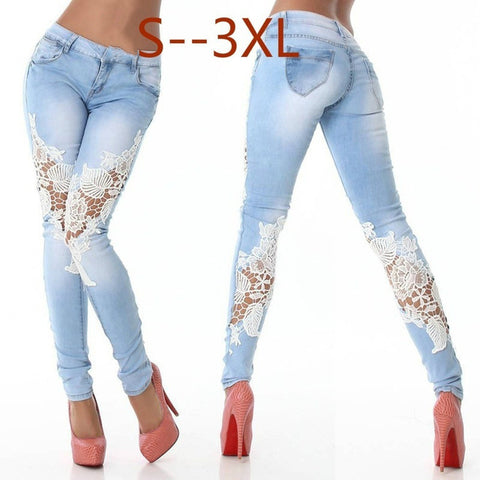 Zogaa Casual 2019 Hot Sale Lace Floral Side Spliced Stretch Denim Trousers Hollow Out Slim Pencil Pants Women Jeans