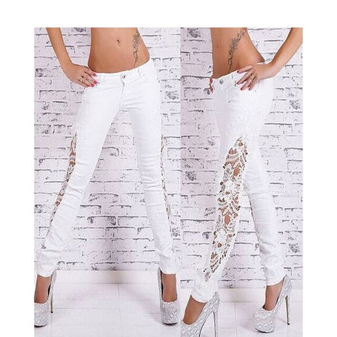 Zogaa Casual 2019 Hot Sale Lace Floral Side Spliced Stretch Denim Trousers Hollow Out Slim Pencil Pants Women Jeans