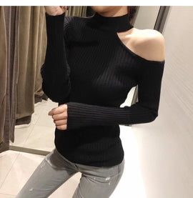 Gkfnmt Sexy off shoulder knitted sweater Women elegant solid skinny slim pullover and sweater 2018 Autumn winter jumpers Pink