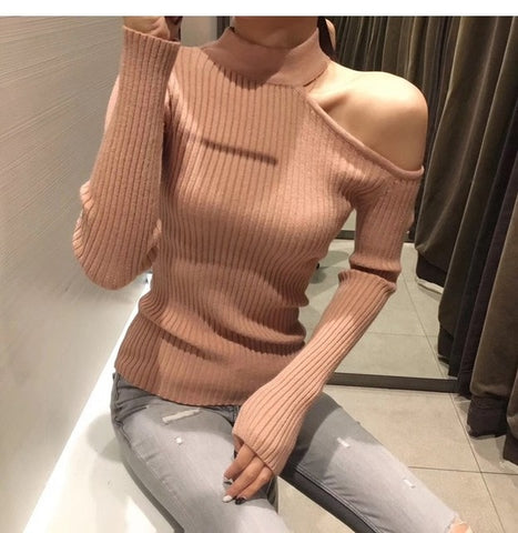 Gkfnmt Sexy off shoulder knitted sweater Women elegant solid skinny slim pullover and sweater 2018 Autumn winter jumpers Pink