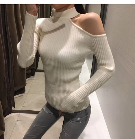 Gkfnmt Sexy off shoulder knitted sweater Women elegant solid skinny slim pullover and sweater 2018 Autumn winter jumpers Pink