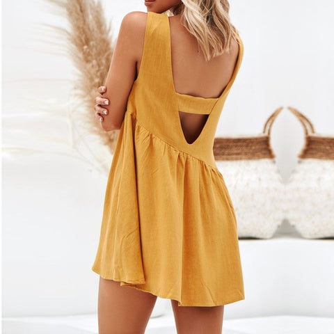 Sexy Backless Summer Dress Women Boho Style Beach Mini Dresses Sleeveless Casual Sundress Loose A-Line Party Dress Robe Femme