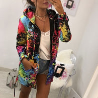 Women's Long Sleeve Hooded Colorful  Windbreaker Jacket Floral Print Zipper Coat Splash-Ink