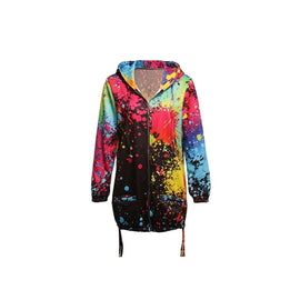 Women's Long Sleeve Hooded Colorful  Windbreaker Jacket Floral Print Zipper Coat Splash-Ink