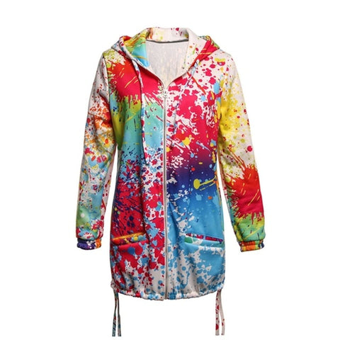 Women's Long Sleeve Hooded Colorful  Windbreaker Jacket Floral Print Zipper Coat Splash-Ink