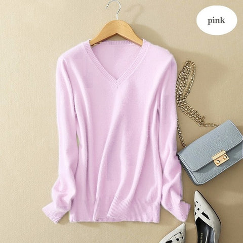 Sweater V-Neck Women Fashion Autumn Cashmere Wool Knit Sweater V-Neck Solid Slim Sexy Pullovers Coat Female Blouse Knit Sweater