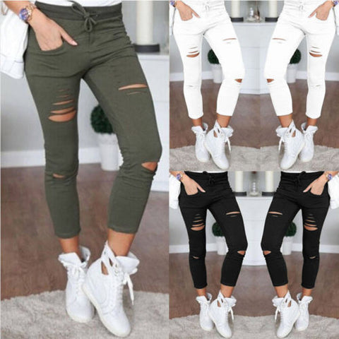 New Women Skinny Ripped Knee Hole Bandage Jeans Solid Ciolor Fahsion Pants High Waist Stretch Slim Pencil Trouser