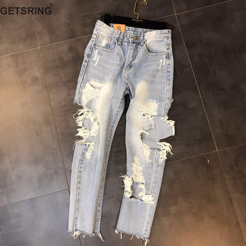 GETSRING Woman Jeans Denim Jeans Womens Ripped Jeans Denim Pants High Waist Hole Denim Ankle-Length Pants Leisure Pencil Pants