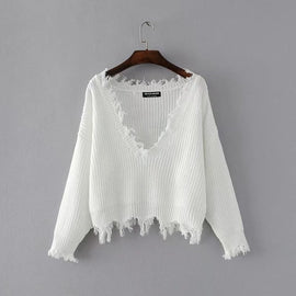 New Fashion 2019 Pullover Ripped Hole Sweaters Loose Jumper Casual White Sweater Women Knitting Sweaters Pull Long Sleev