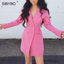 Sibybo Notched Buttons Mini Blazer Dress Women Fashion Long Sleeve Casual Autumn Dress Solid Streetwear Party Dress Vestidos