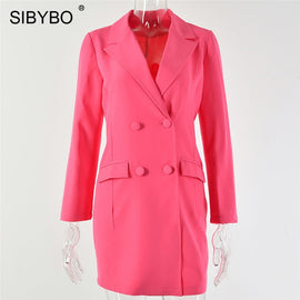 Sibybo Notched Buttons Mini Blazer Dress Women Fashion Long Sleeve Casual Autumn Dress Solid Streetwear Party Dress Vestidos