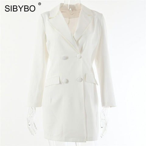 Sibybo Notched Buttons Mini Blazer Dress Women Fashion Long Sleeve Casual Autumn Dress Solid Streetwear Party Dress Vestidos