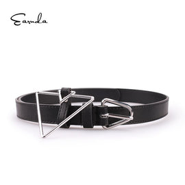 Earnda New Design Jeans' Belts Silver Triangle Pin Buckle Women's Fashion Strap PU Leather For Students Solid Black Waistband